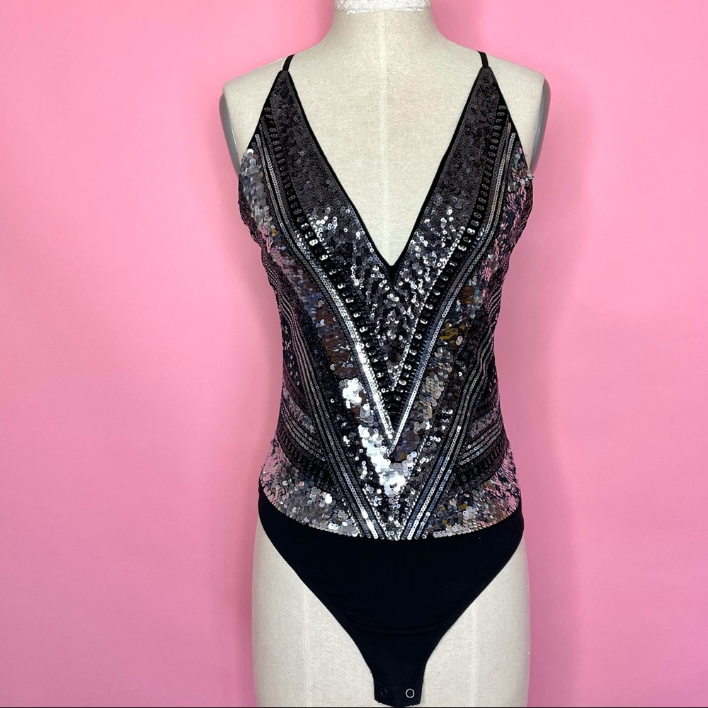 Express Black and Silver Sequin Bodysuit / New Years Top
